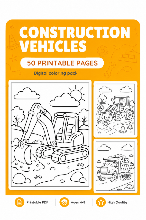 Construction Vehicles Printable Coloring Book