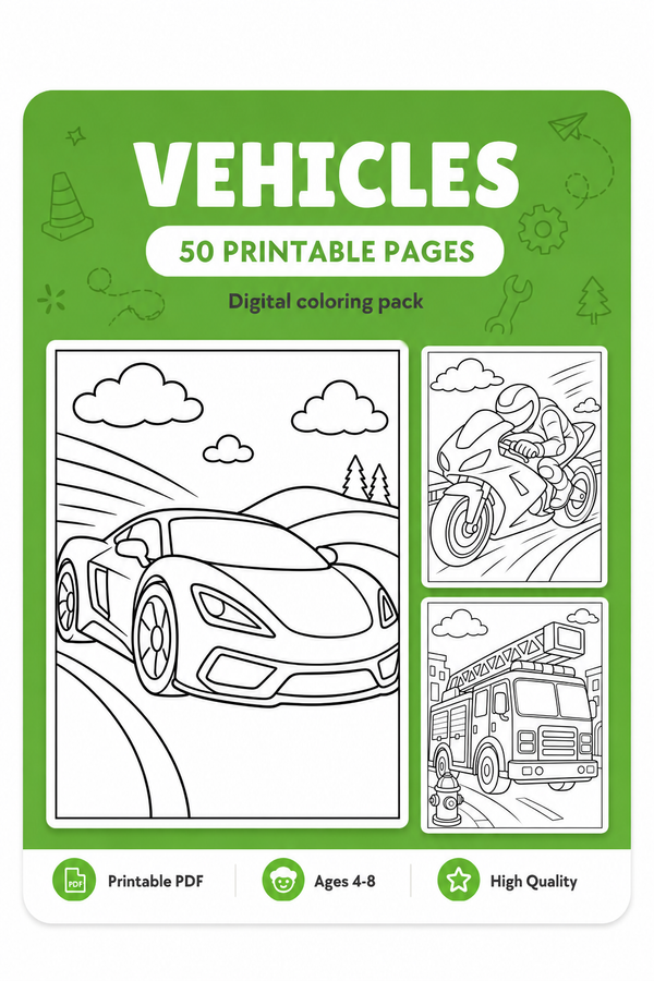 Vehicles Printable Coloring Book