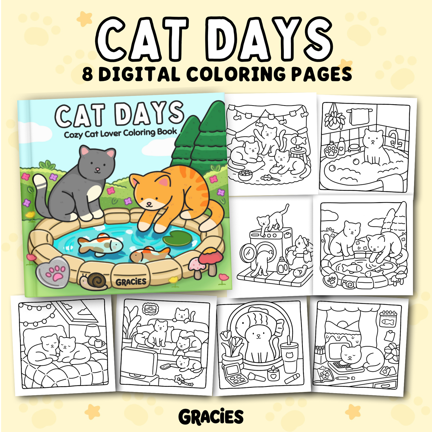 Cat Days 8 Pack Digital Coloring Pages